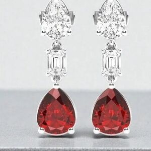 14K White Gold Pear Cut Natual Ruby & Diamond Drop Earrings vintage